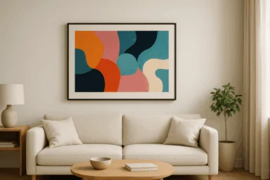 Colorful abstract art in a digital frame above a cream sofa